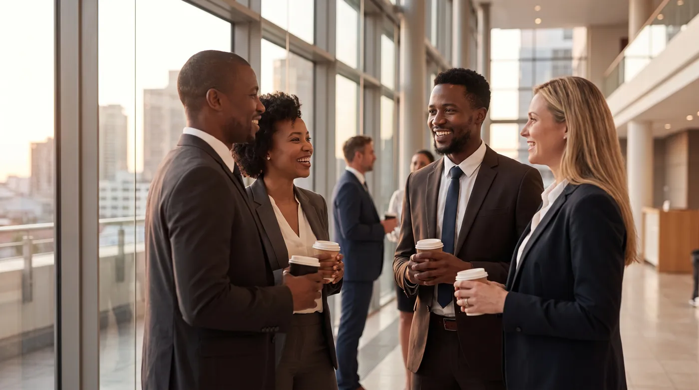 Four business professionals talking over coffee beside a floor to ceiling window in an office lobby