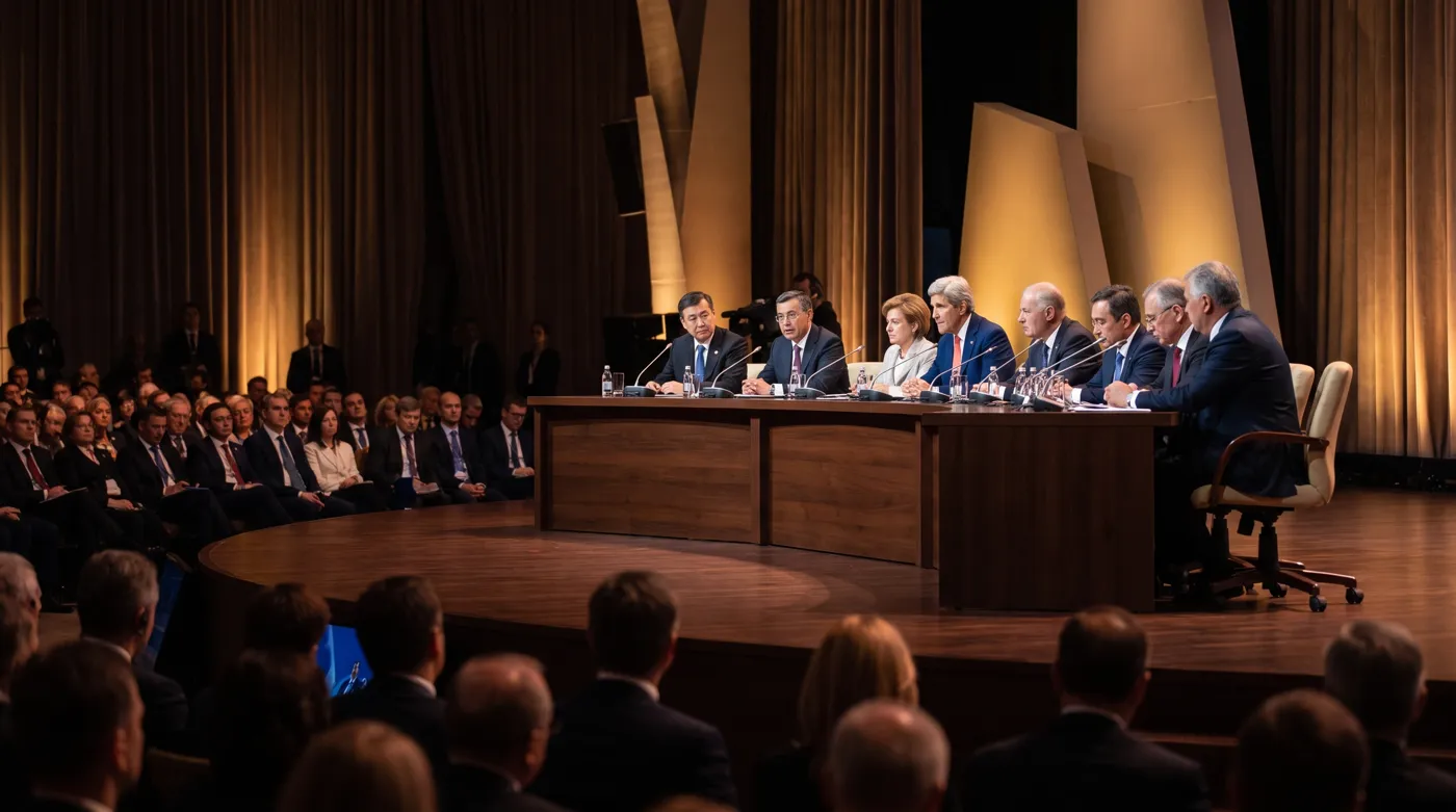 Diplomats and officials seated at a long table on stage taking questions from a full audience at an international economic summit