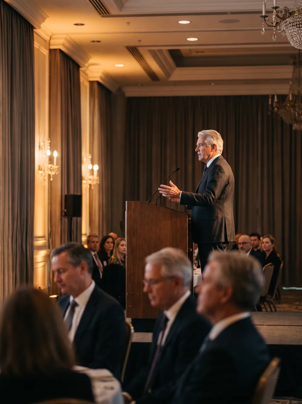 A speaker addressing a business audience from a lectern at an economic forum
