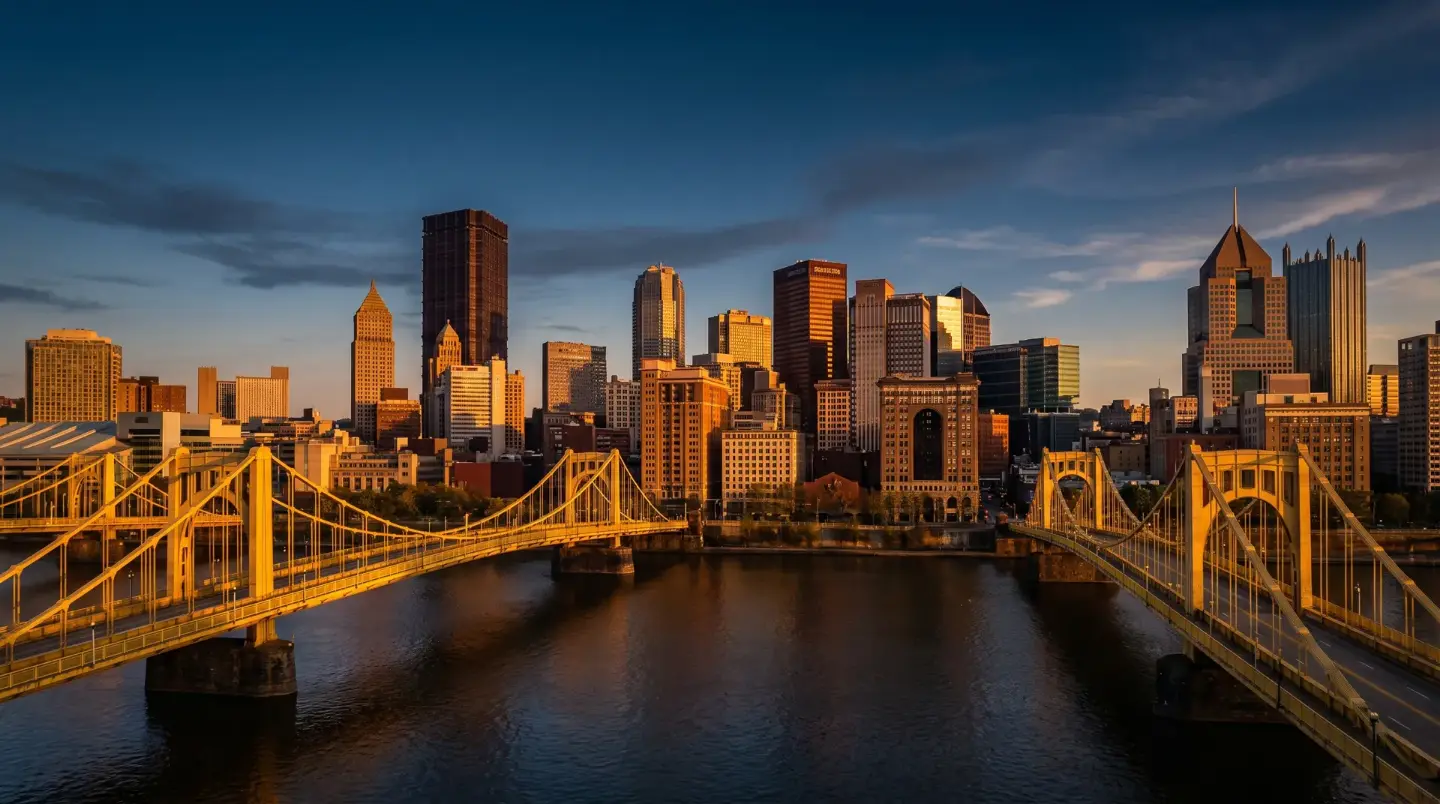 The Pittsburgh skyline and its golden bridges across the Allegheny River at sunset