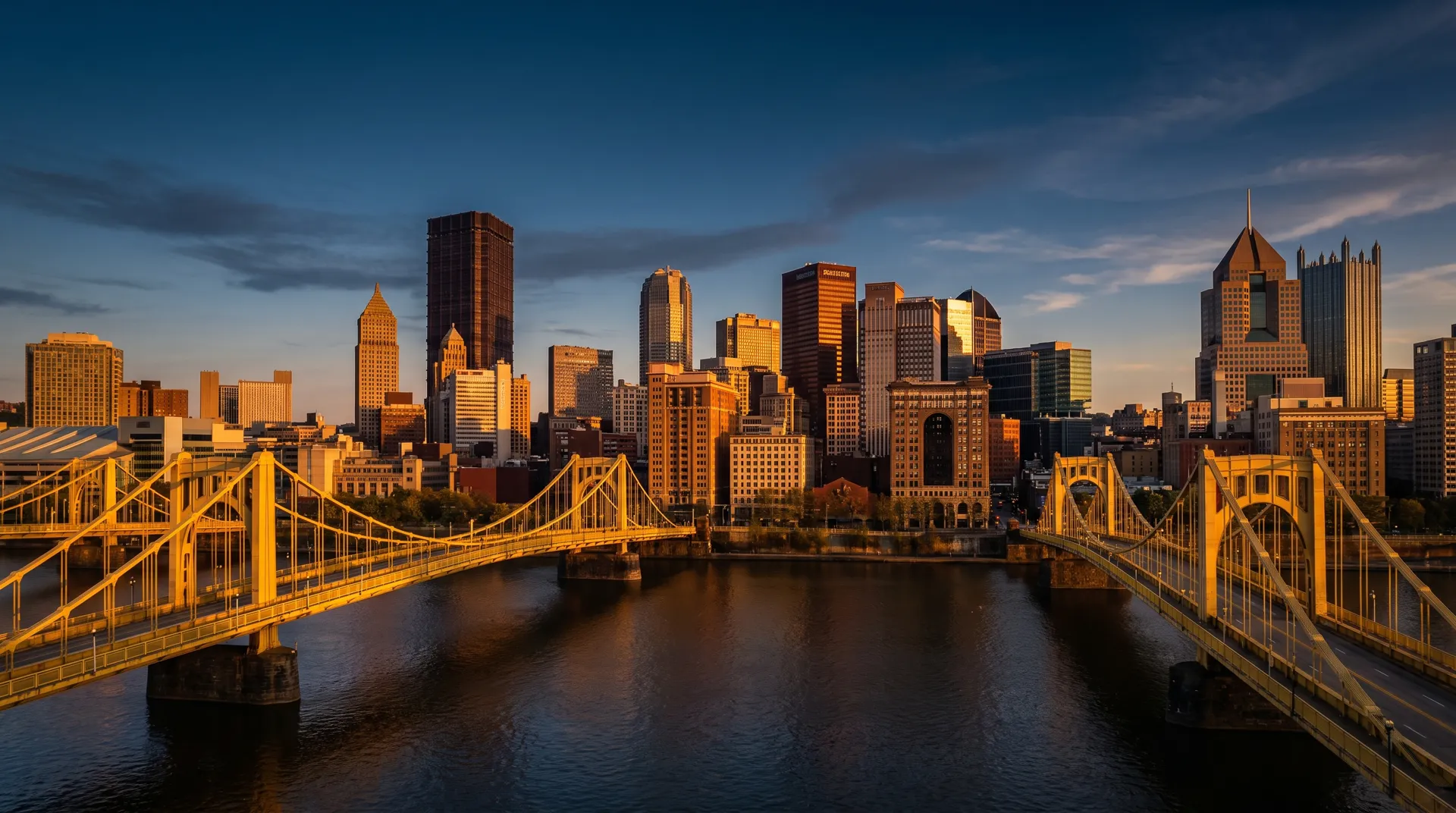 The Pittsburgh skyline and its steel bridges over the Allegheny River at golden hour
